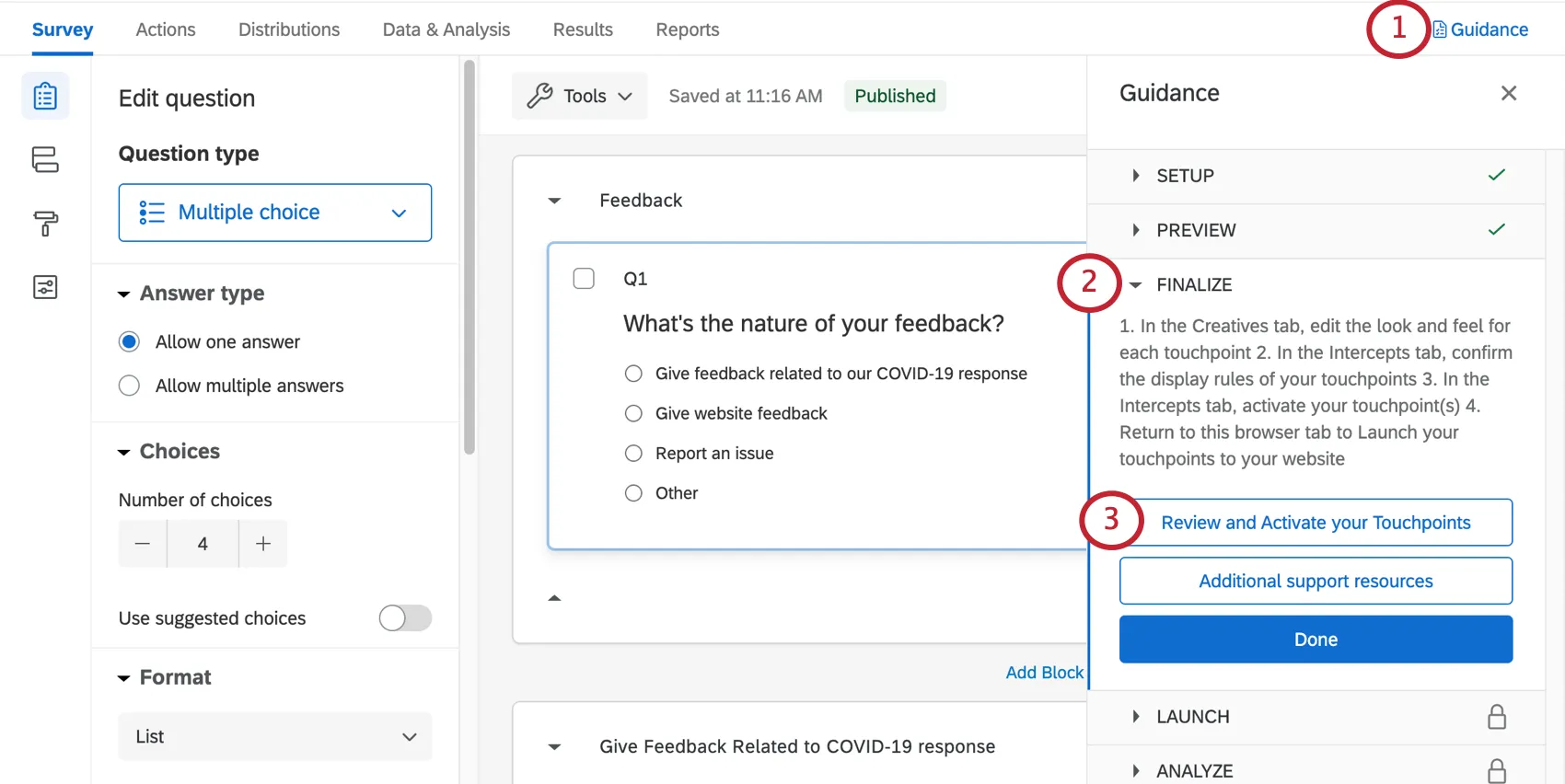 the finalize section of the guidance window. the review and activate touchpoints option is selected