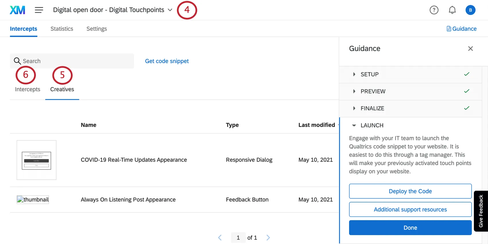 die Registerkarten "Creatives" und "Intercepts" in Ihrem Projekt