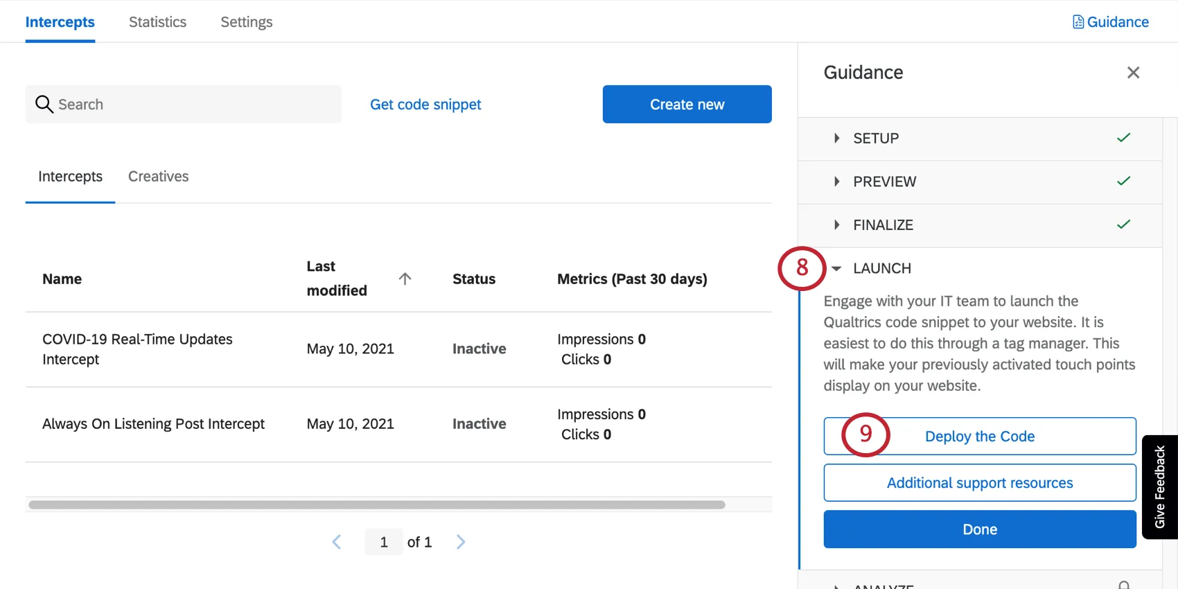the launch section of the guidance panel. the deploy the code option is selected
