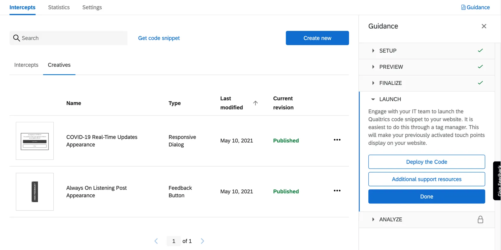 Creatives section of the intercepts tab