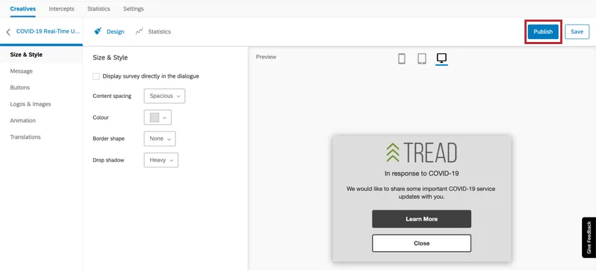 Publish button upper-right of creative