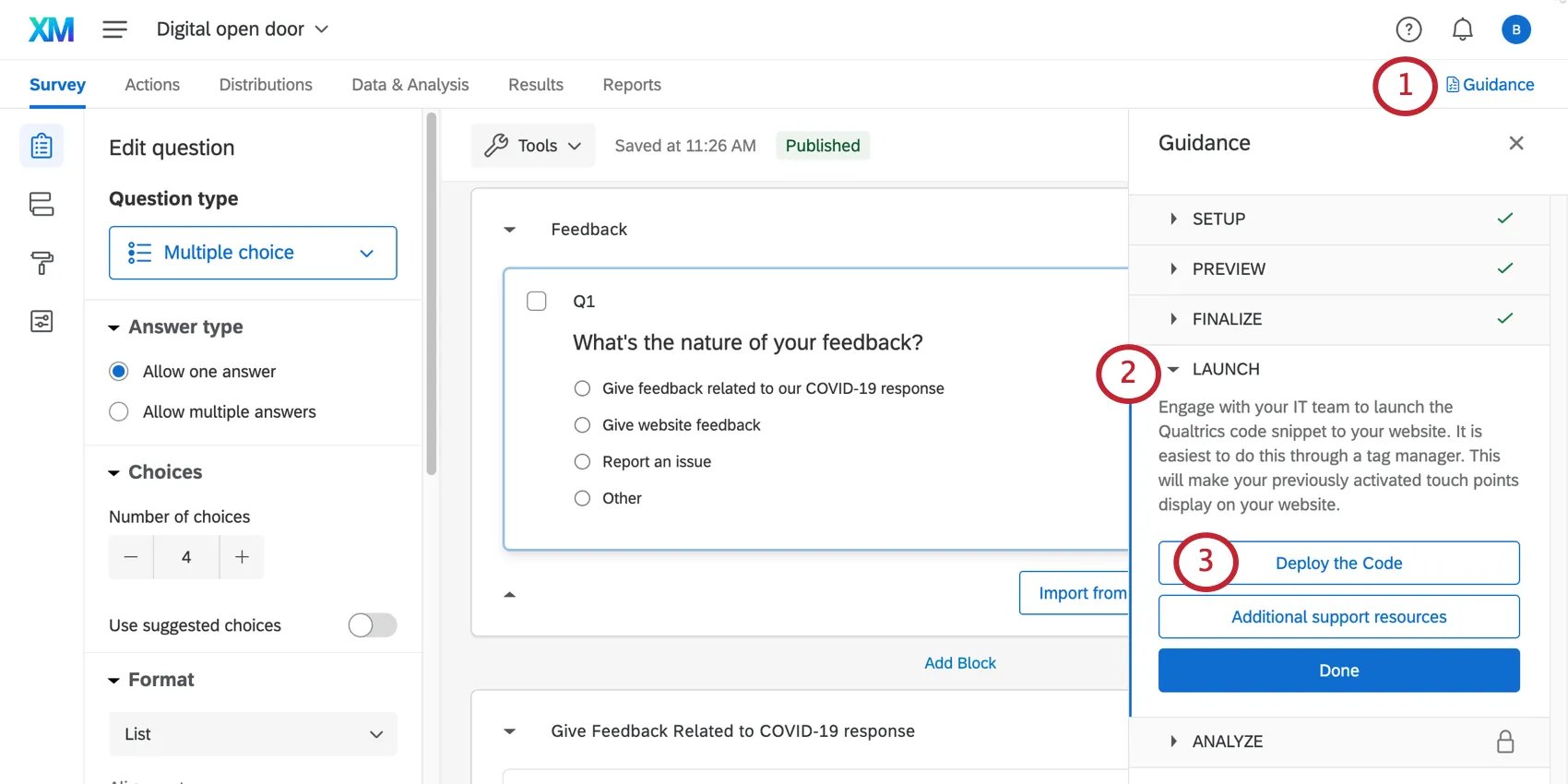 the launch section of the guidance panel. the deploy the code option is selected