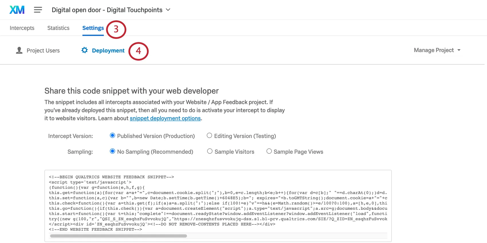 Guia Configurações do projeto de feedback do aplicativo do site