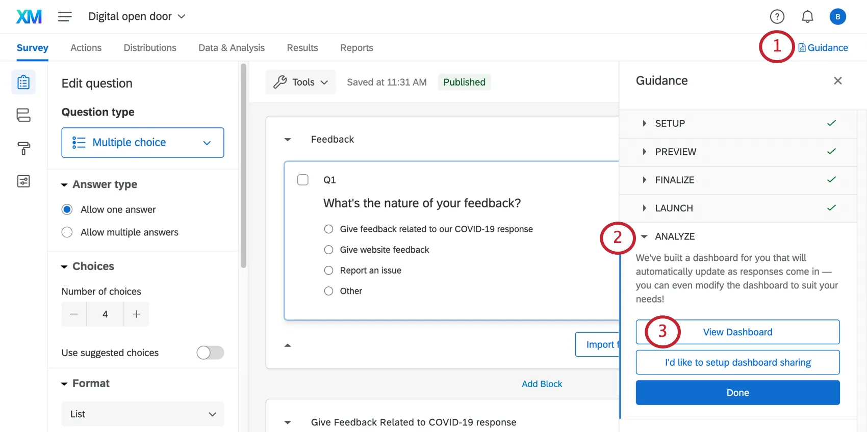 the analyze section of the guidance panel. the view dashboard option is selected