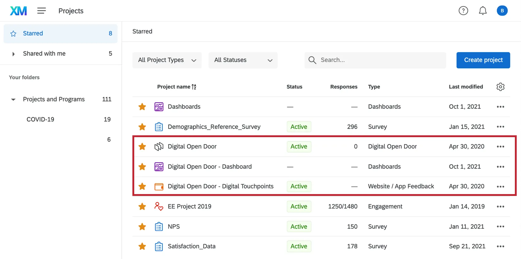 Imagem das páginas de pontos de contato digitais na página de projetos. Há três: um é rotulado como feedback de aplicativo de site, um é um dashboard e um é rotulado apenas como a porta aberta digital, que é a própria pesquisa