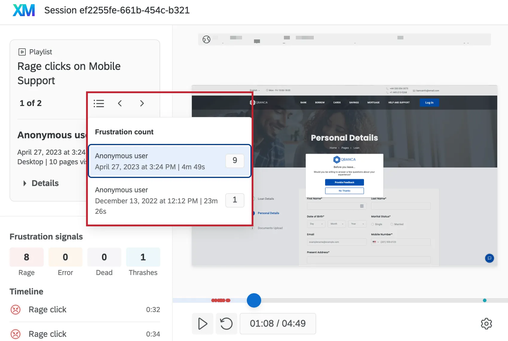 playlist di replay della sessione allinterno del widget