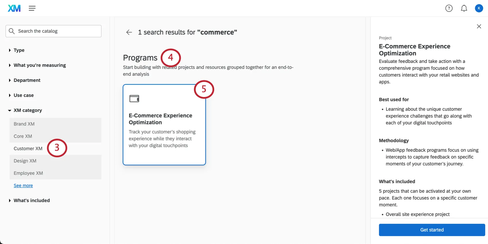 Selecionando CustomerXM no catálogo, rolando a tela no catálogo para chegar a Programs e E-Commerce