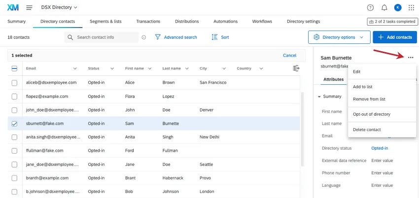 3 dot menu on a selected contact is open