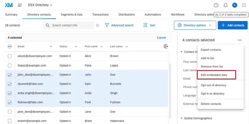 multiple contacts selected, 3 dot menu opened to show edit embedded data