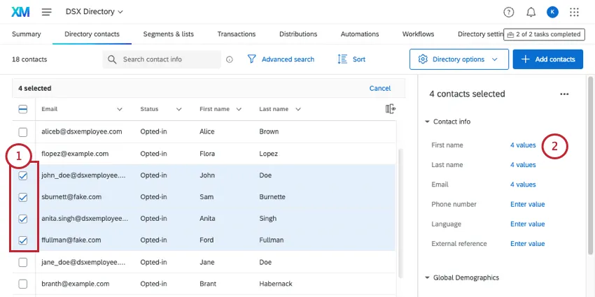 Image of multiple contacts selected, showing the three sections all their fields are divided into: contact info, global demographics, and embedded data