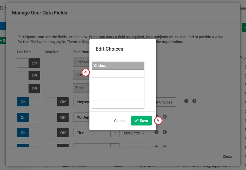 Opciones de edición para un campo de datos de usuario