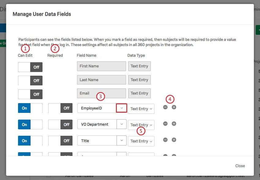 Manage User Data Fields（ユーザーデータフィールドの管理）ウィンドウでのユーザーデータフィールドの編集