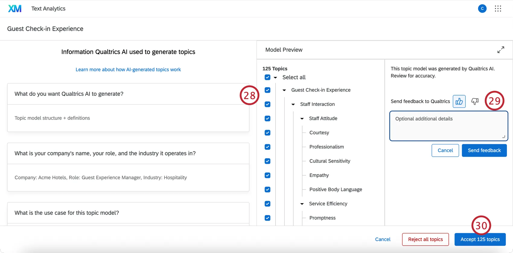 escolher os tópicos a serem incluídos no modelo e fornecer feedback