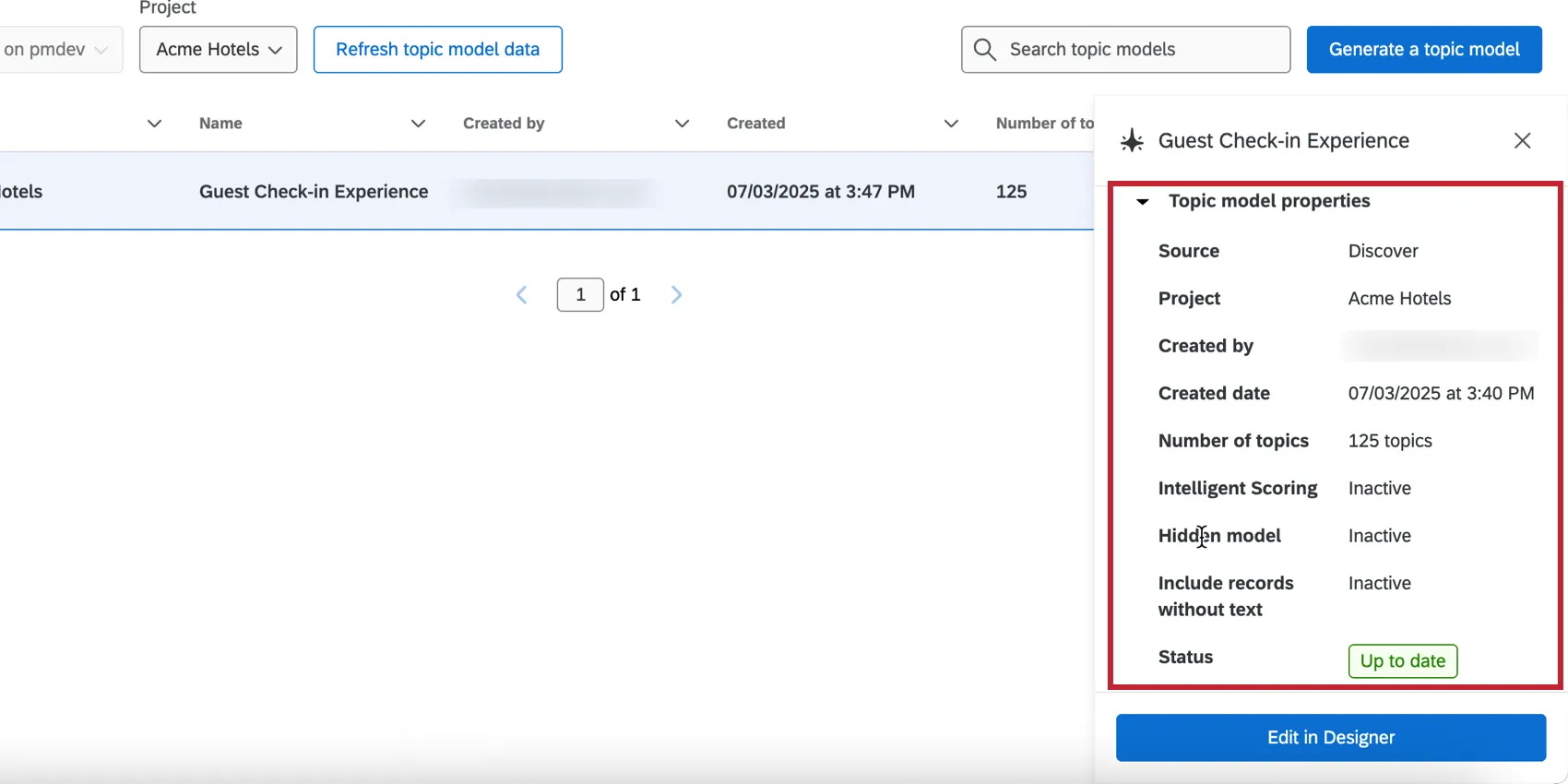 laffichage des propriétés du modèle sur la page Analyse de texte