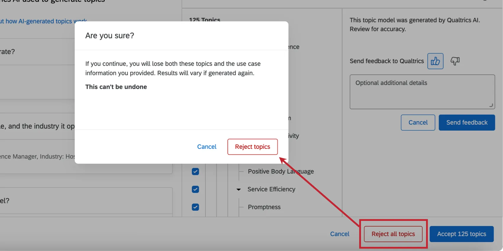 clicking "reject topics" to reject the model instead
