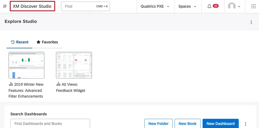 clicking "xm discover studio" in the top left corner