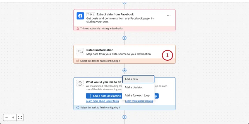 workflow that extracts from Facebook. clicking button to add a transformation