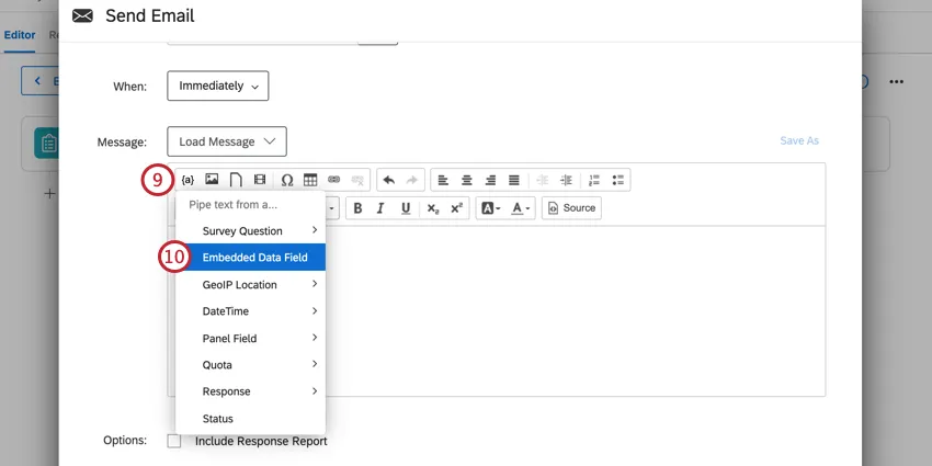 haciendo clic en el ícono de texto dinámico en el editor de mensajes y seleccionando el campo de datos embebidos