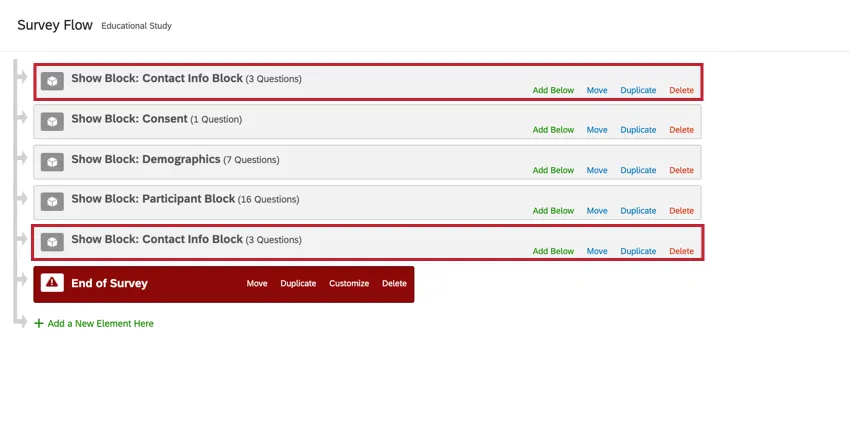 the survey flow. the contact information block is first and last in the flow