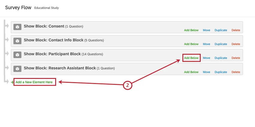 the add a new element here and add below buttons in the survey flow