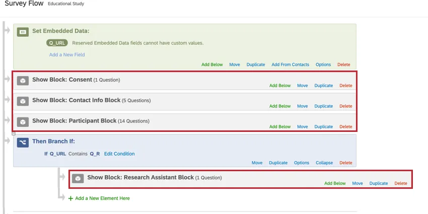 the survey flow of a survey with the blocks highlighted