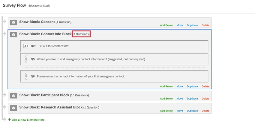 a block is expanded in the survey flow by clicking the number of questions in the block