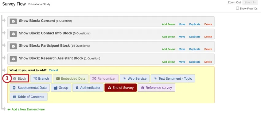 selecting the block element to add to the survey flow