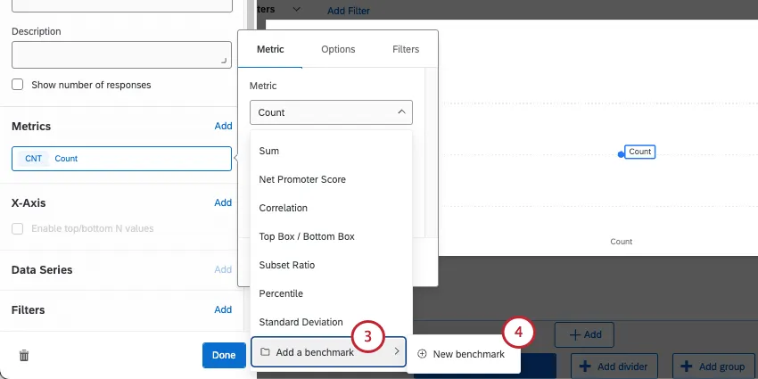 escolher adicionar um benchmark no menu de métricas