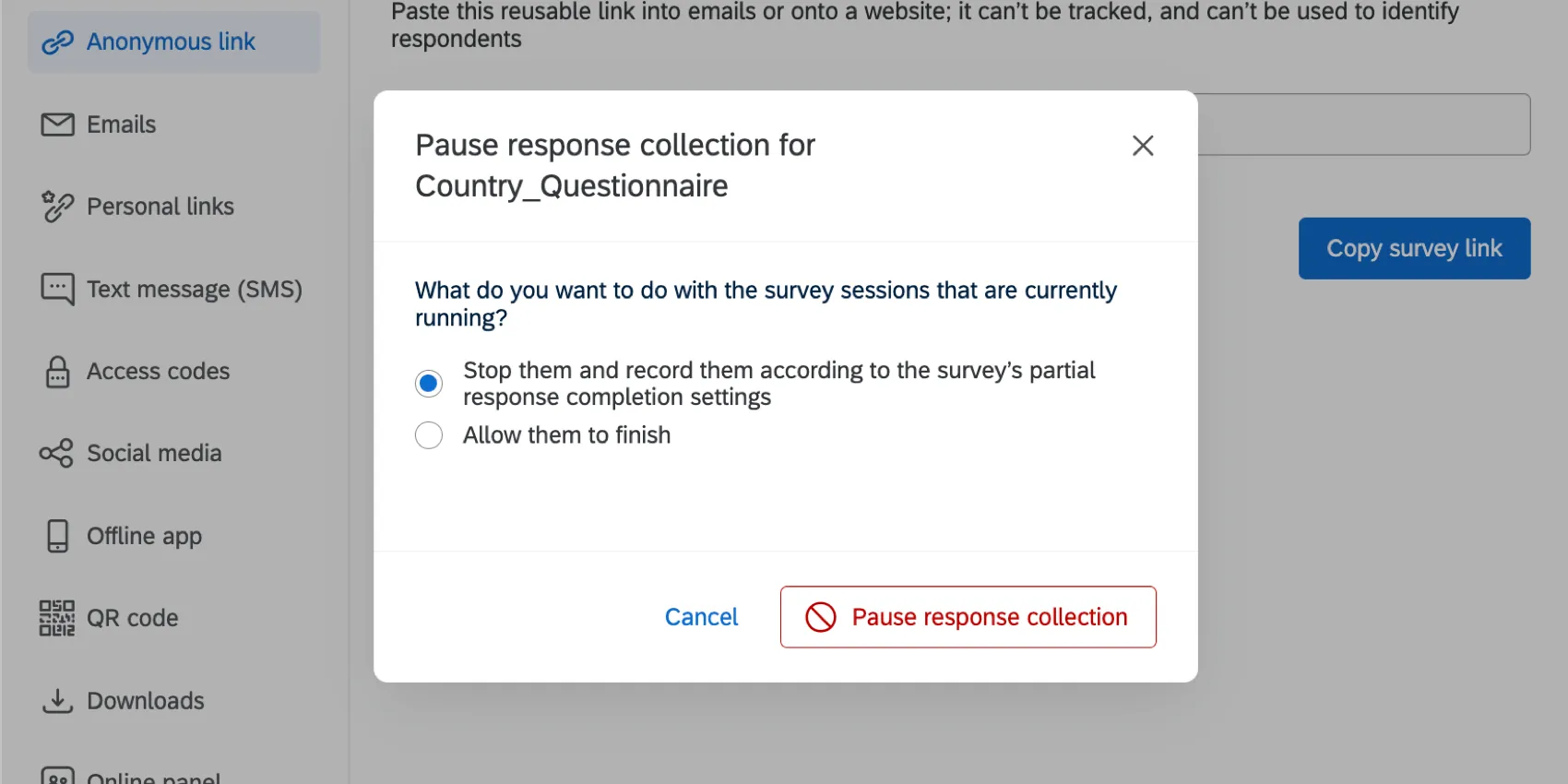 Pause Response Collection menu with radio buttons