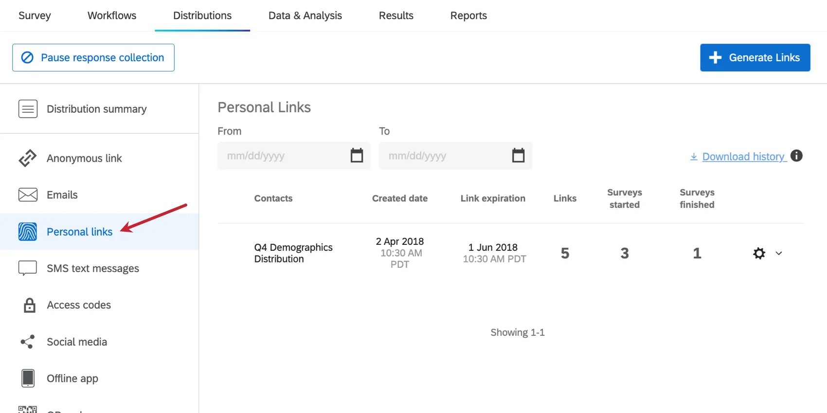 Personal Links page selected from the lefthand pane of of the Distributions tab