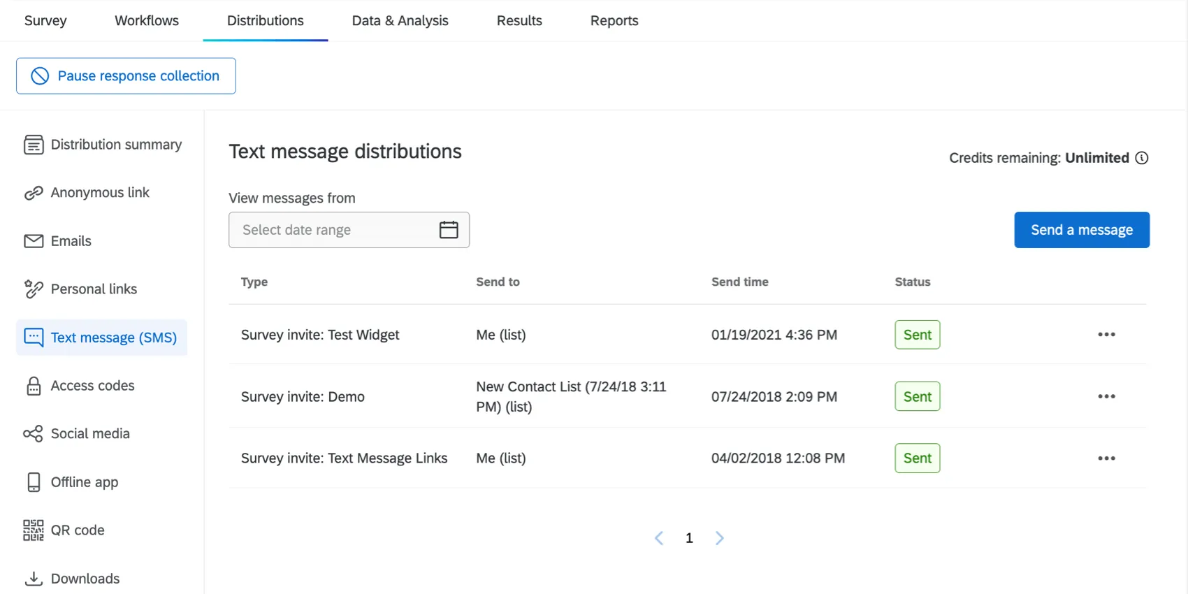 SMS page selected from the lefthand pane of of the Distributions tab