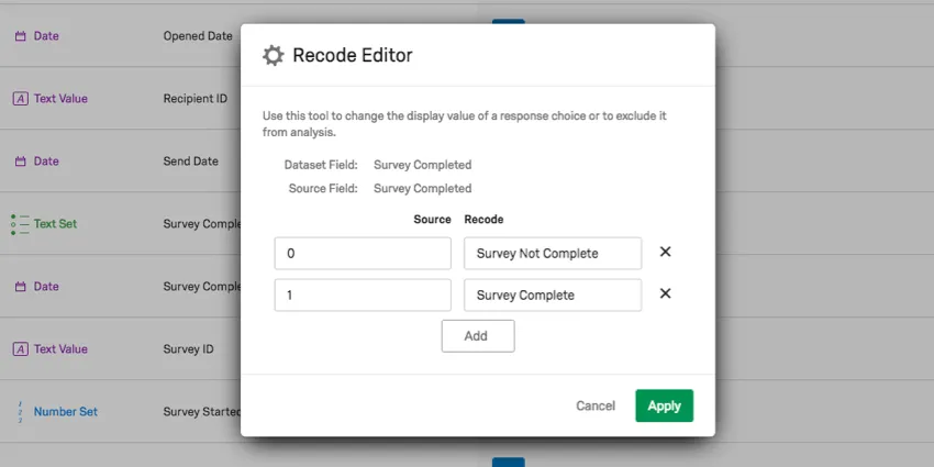 Recode editor where the 0 and 1 are being defined as sensible labels like survey not completed and survey completed