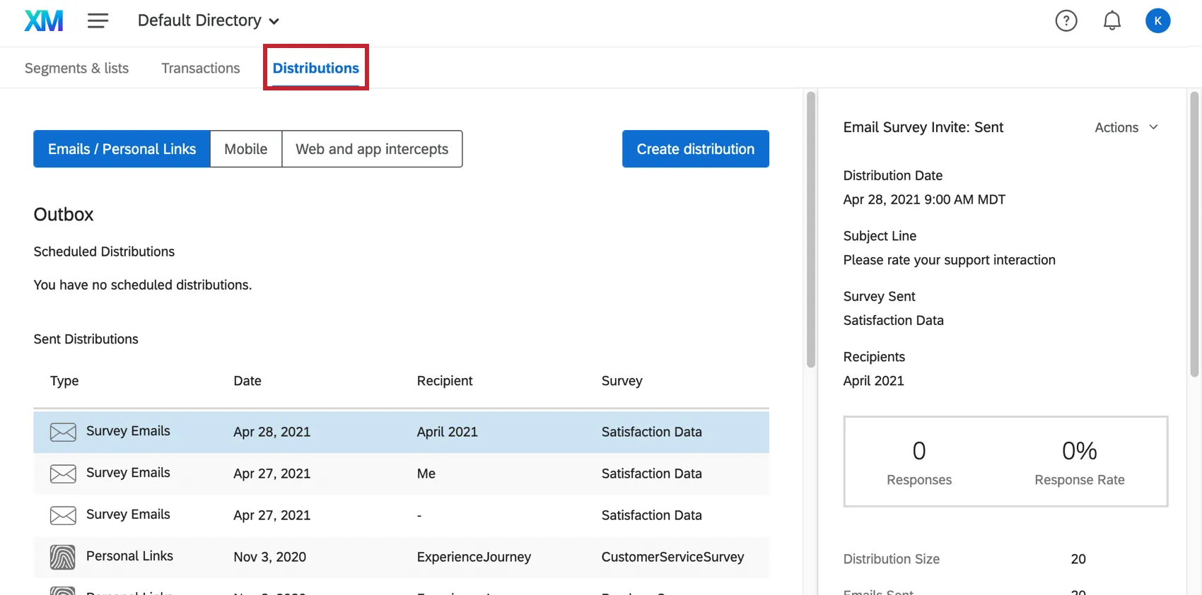 Registerkarte "Distributionen" des xm directory