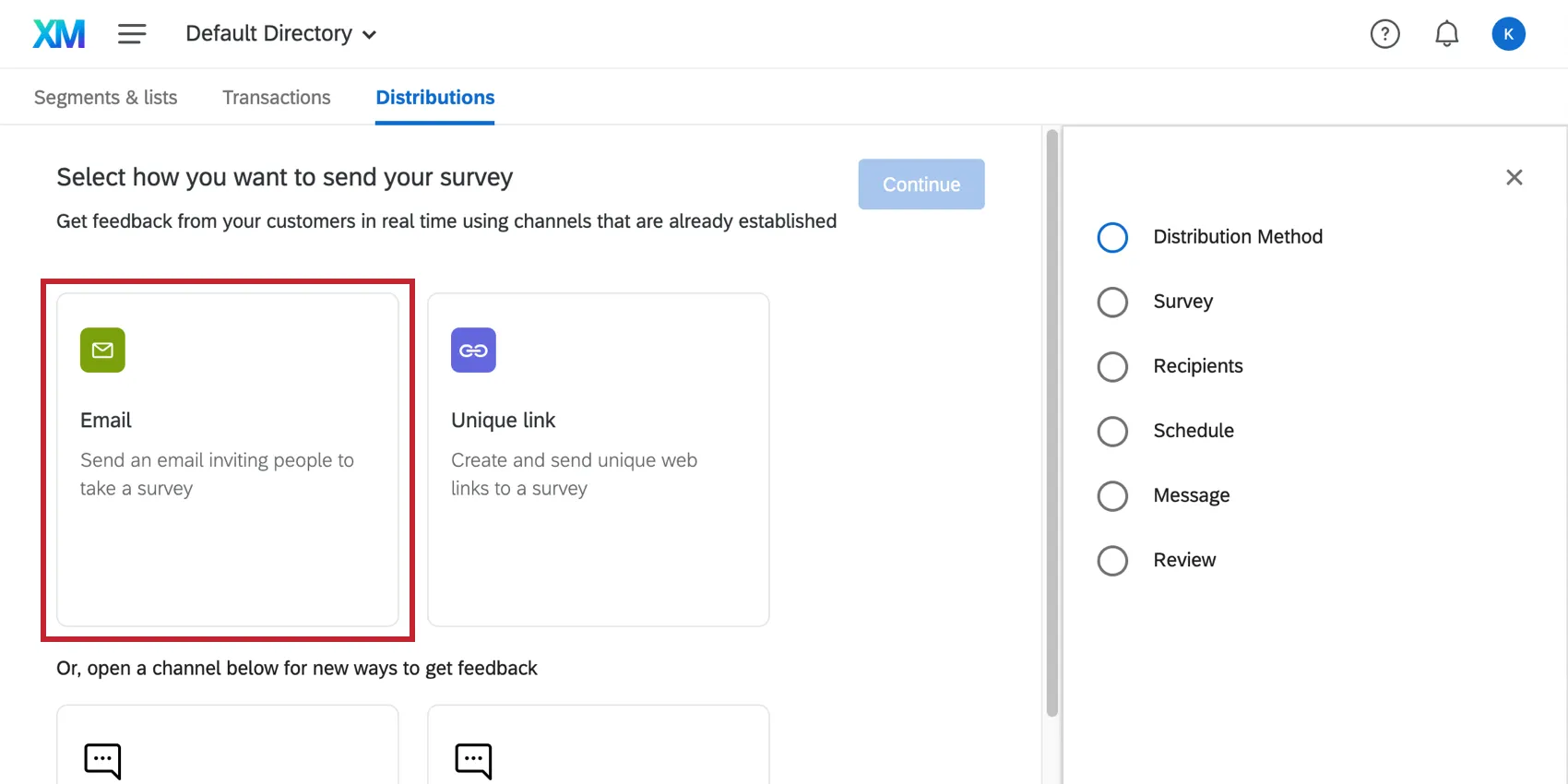 Opzione e-mail dopo aver fatto clic sul pulsante Crea distribuzione