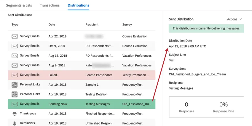 Linha de distribuições anteriores - uma está selecionada e destacada, outra está em rosa porque falhou