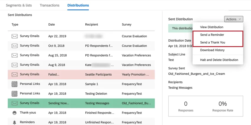 Past distributions with actions expanded to show reminder & thank you options