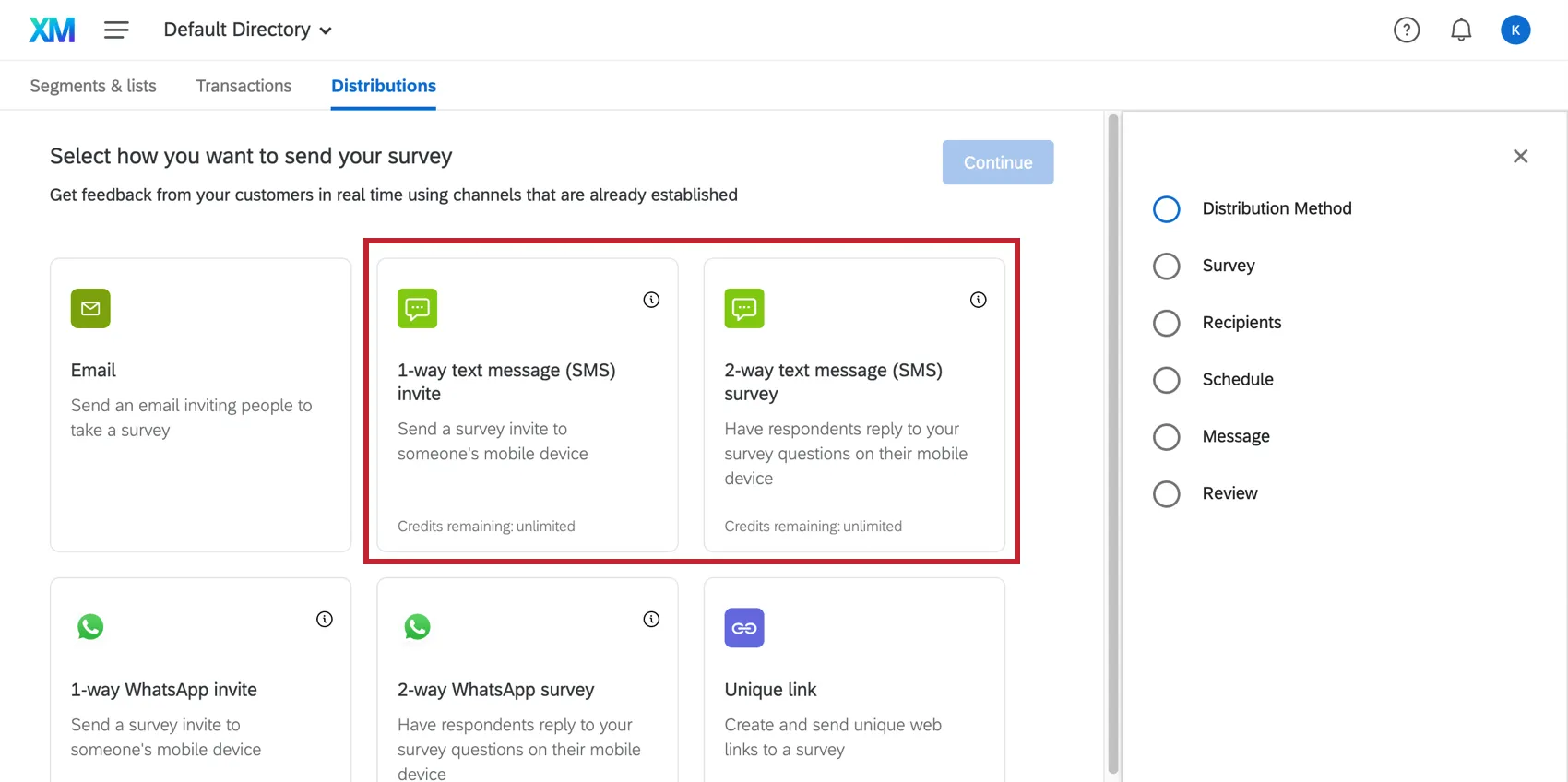 Options SMS dans le menu Distribution