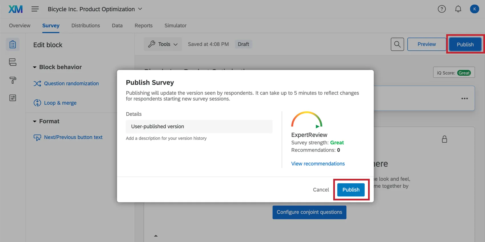 Publish window is open. In the background analyze and publish is highlighted