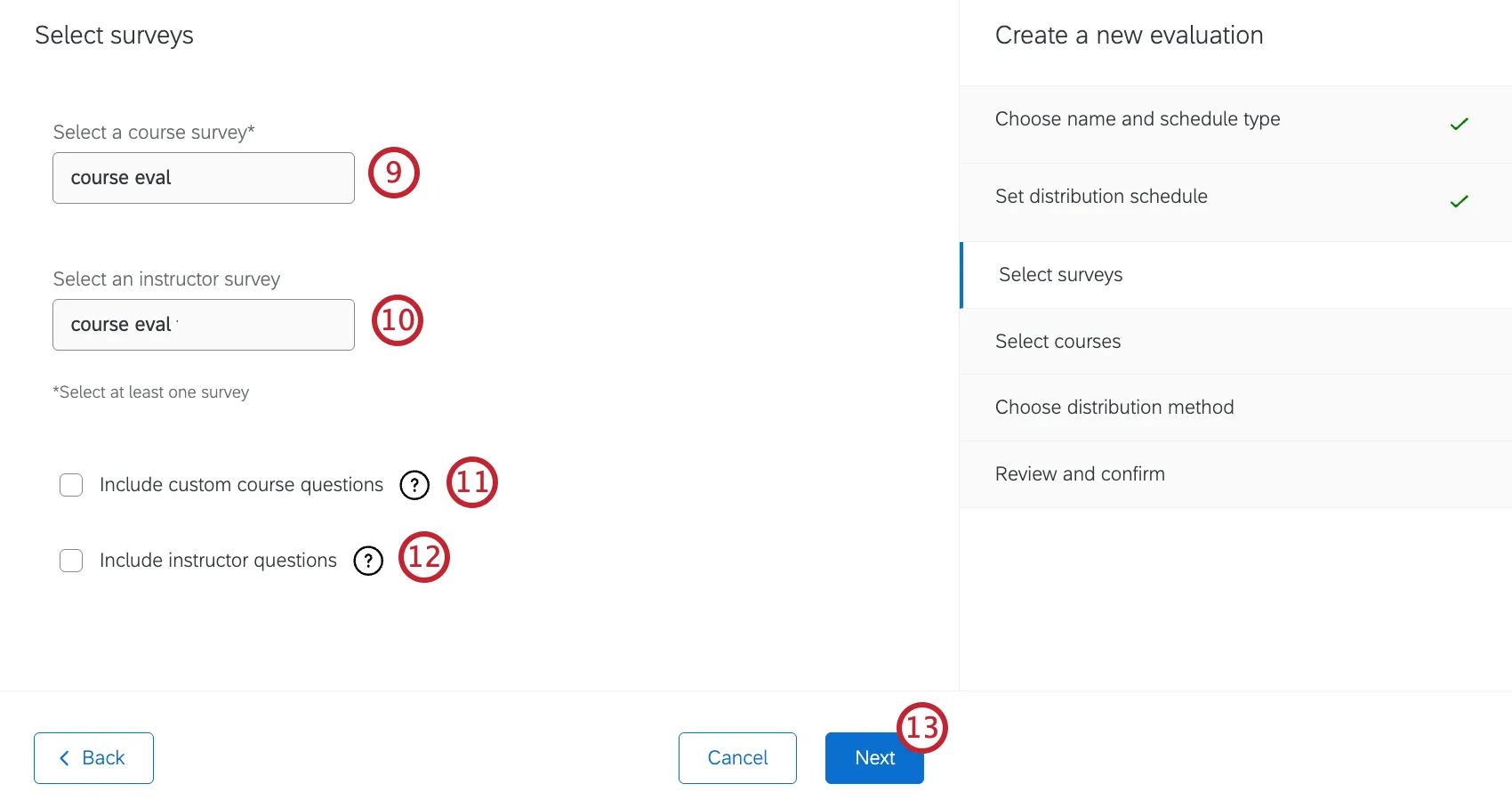 options to select and configure the course surveys