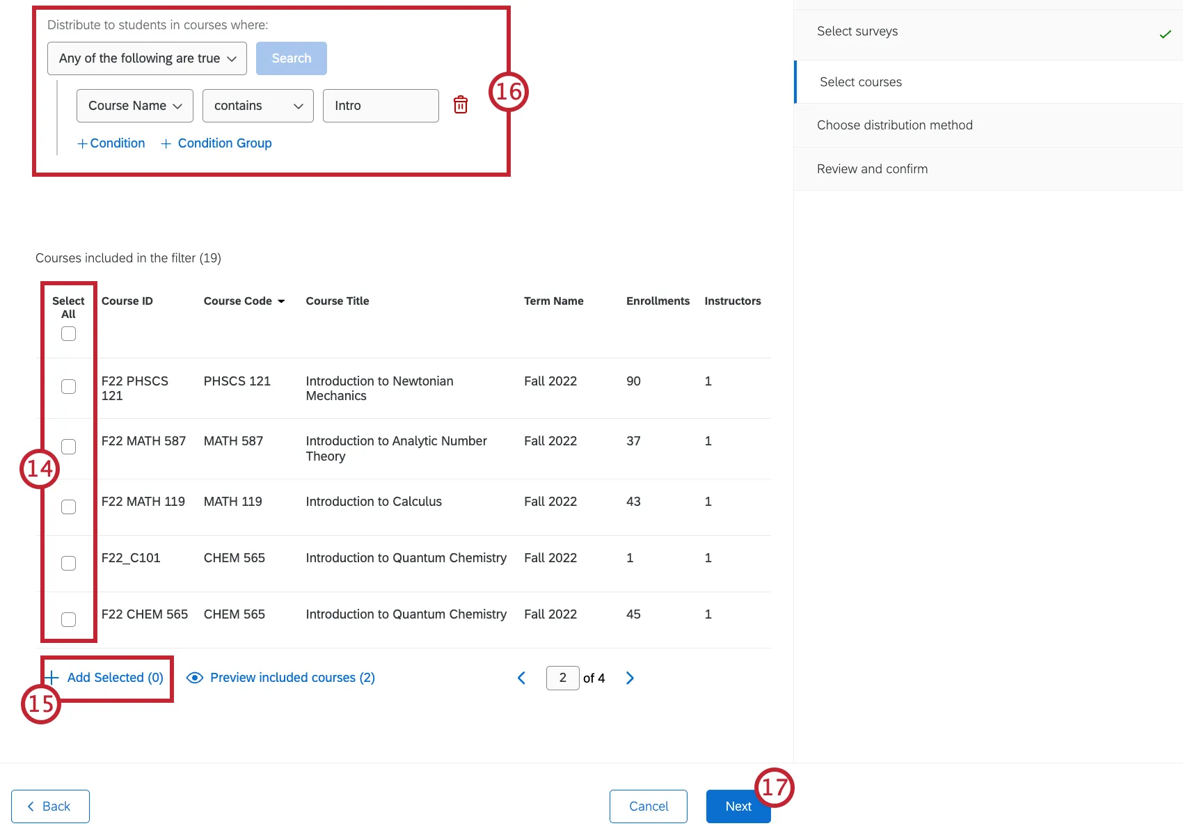 filter to narrow down available courses at the top of the screen, and a table at the bottom with checkboxes to select which courses will be included in the evaluation
