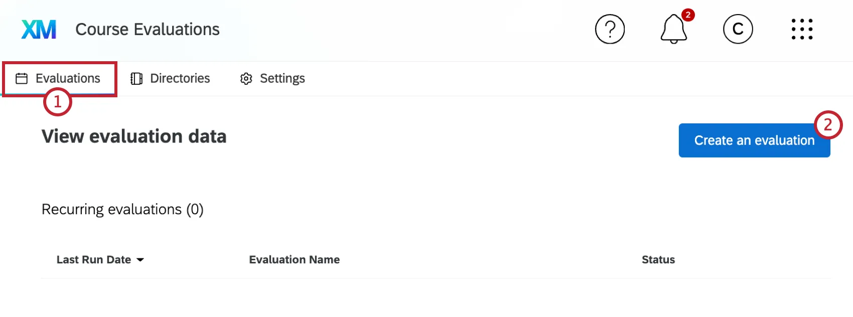 button to create an evaluation within the evaluation tab