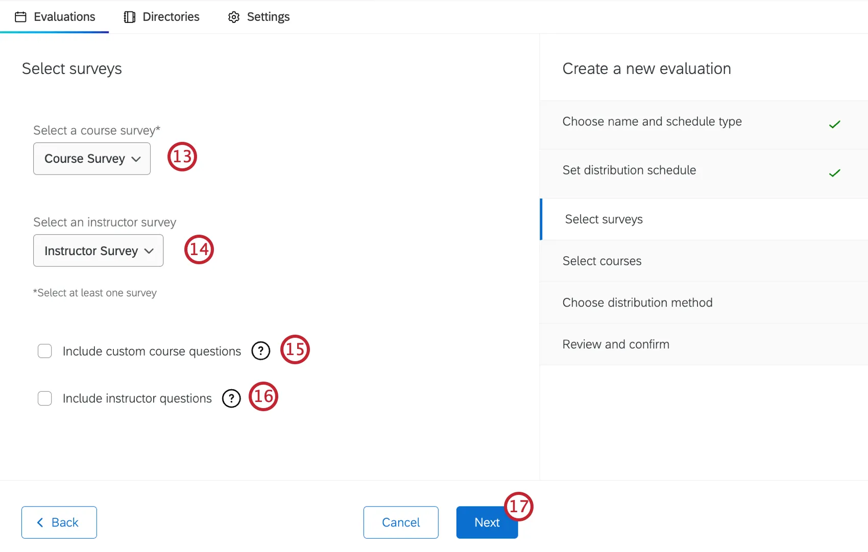 buttons to select surveys to include in the evaluation