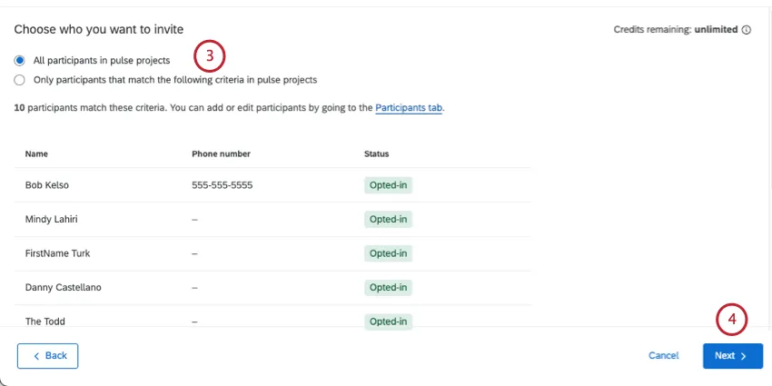 escolher entre todos ou um subconjunto filtrado de participantes