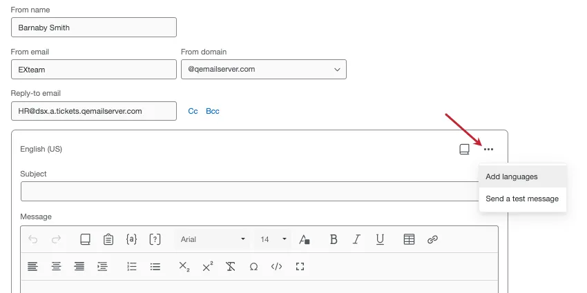 clicar em 3 pontos no canto superior direito do editor de e-mail para revelar as configurações de idioma e teste