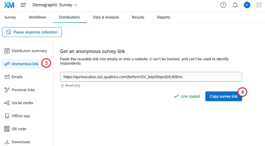 Anonymous link section with the anonymous link highlighted in the Distributions tab