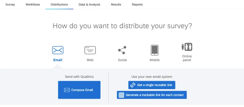 Four icons for how to distribute survey: Email, Web, Social, and Mobile