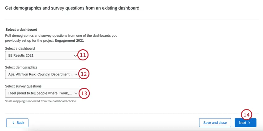 selecionar um dashboard, as perguntas e os dados demográficos colaborador a serem usados para análise