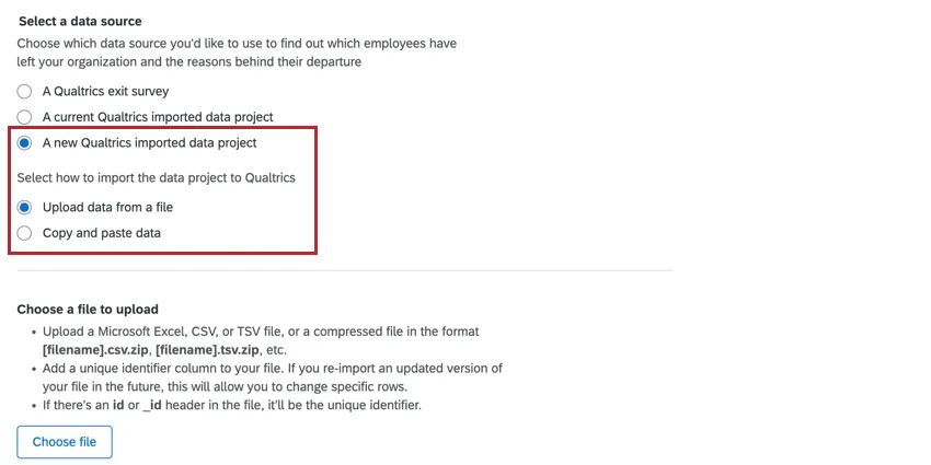 La ventana para cargar un CSV o pegar datos para un nuevo proyecto de datos importados