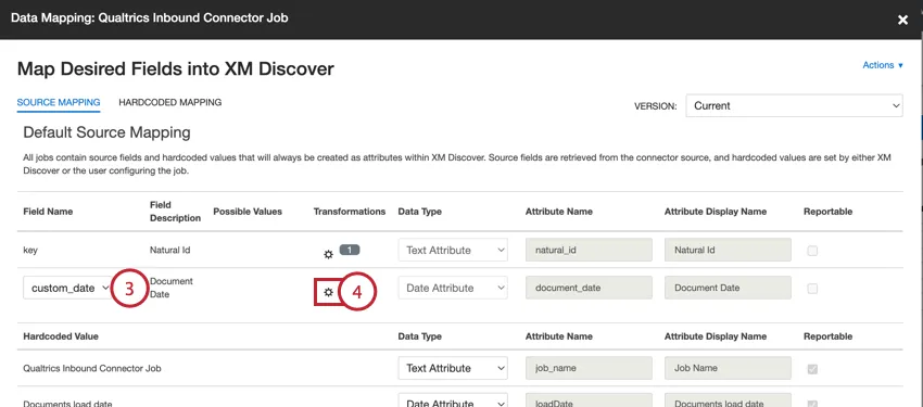 choosing the custom default field for document date and clicking the transformation button