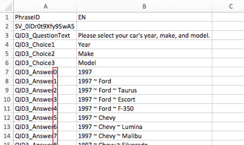 CSV of drill down translation